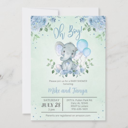 Invitation pour Baby Shower garçon éléphant & ball (Devant)