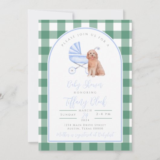 Invitation pour Baby Shower Gingham Check Dog Boy (Devant)