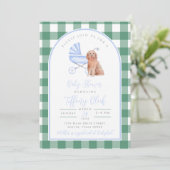 Invitation pour Baby Shower Gingham Check Dog Boy (Debout devant)