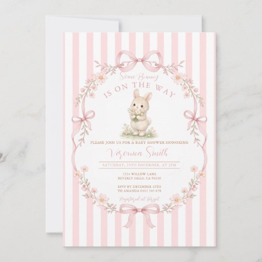 Invitation pour Baby Shower Lapin à Rayure Rose (Devant)