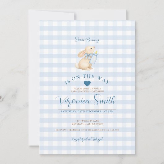 Invitation pour Baby Shower Lapin Gingham Bleu Béb (Devant)