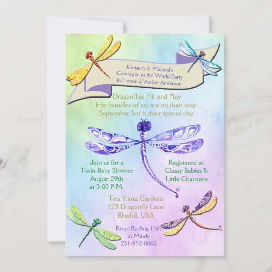 Invitation pour Baby Shower Libellule Pastel et To (Devant)