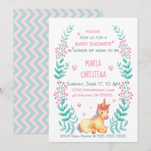 Invitation pour Baby Shower Licorne Fleurale Aquar (Devant / Derrière)