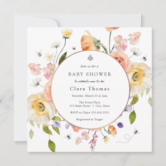 Invitation pour Baby Shower "Maman à BEE Floral" (Devant)