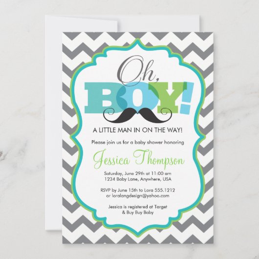 Invitation pour Baby Shower Moustache Oh Garçon (Devant)