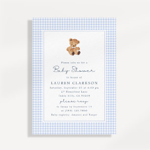 Invitation pour Baby Shower Ourson en Vichy Bleu