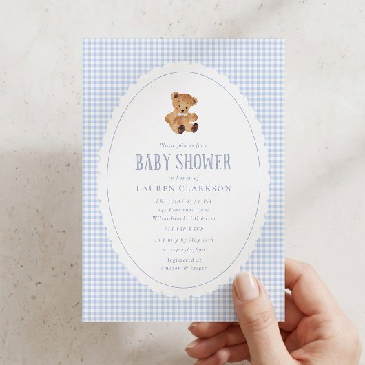 Invitation pour Baby Shower Ourson Gingham Bleu