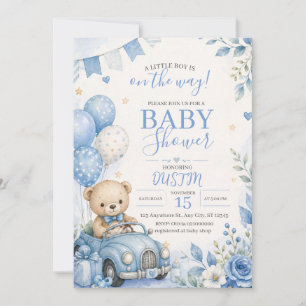 Invitation pour Baby Shower Ourson Teddy Bleu au V