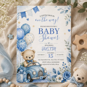 Invitation pour Baby Shower Ourson Teddy Bleu au V
