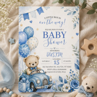 Invitation pour Baby Shower Ourson Teddy Bleu au V