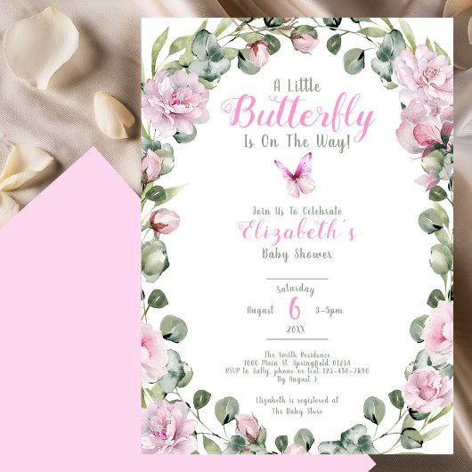Invitation pour Baby Shower Papillon Rose