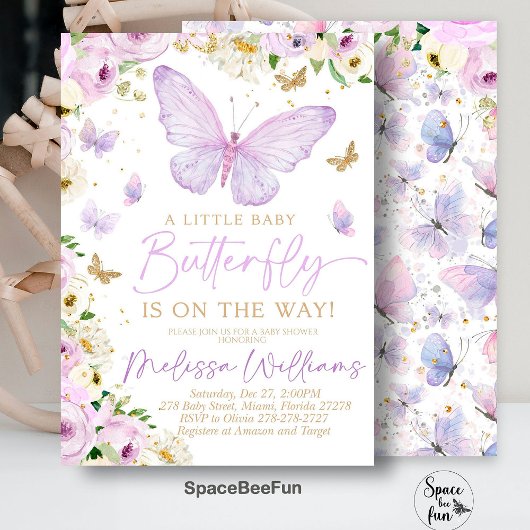 Invitation pour Baby Shower Papillon Violet Fille 