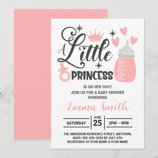 Invitation pour Baby Shower Petite Princesse (Devant / Derrière)
