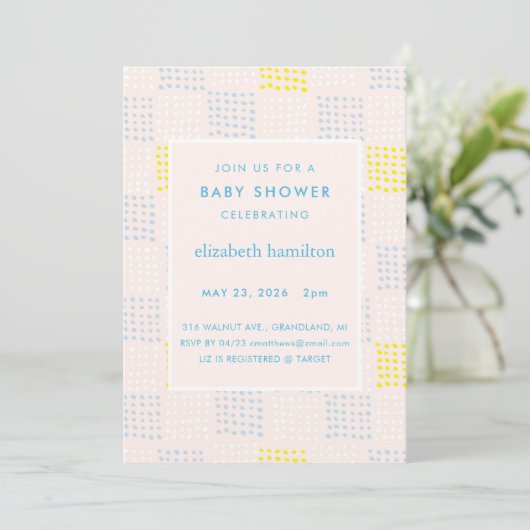 Invitation pour Baby Shower Rose et Bleu à Points (Debout devant)