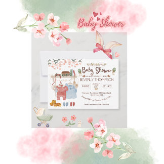 Invitation pour Baby Shower rustique aquarelle fil