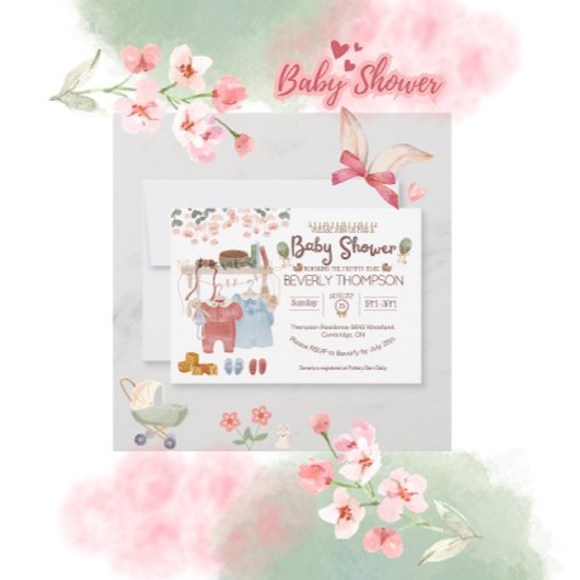 Invitation pour Baby Shower rustique aquarelle fil