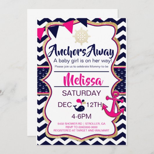 Invitation pour Baby Shower Thème Ancre (Devant / Derrière)