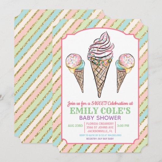 Invitation pour Baby Shower Thème Crème Glacée (Devant / Derrière)