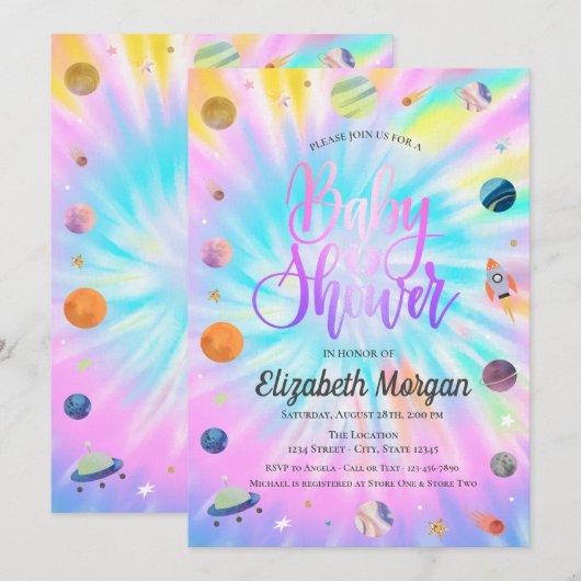 Invitation pour Baby Shower Tie Dye Espace Extra-a (Devant / Derrière)
