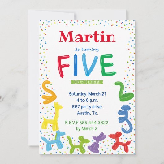 Invitation pour ballons d'animaux de 5e anniversai (Devant)