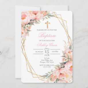 Invitation pour baptême avec bouquet de fleurs ros