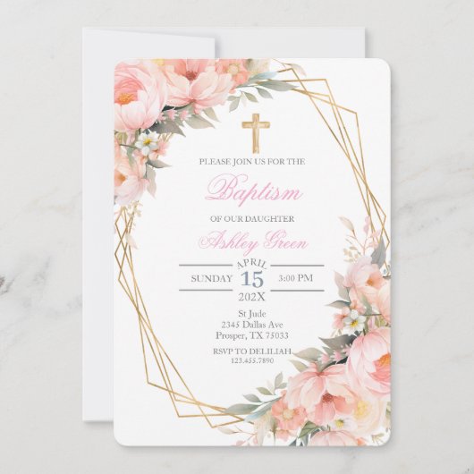 Invitation pour baptême avec bouquet de fleurs ros (Devant)