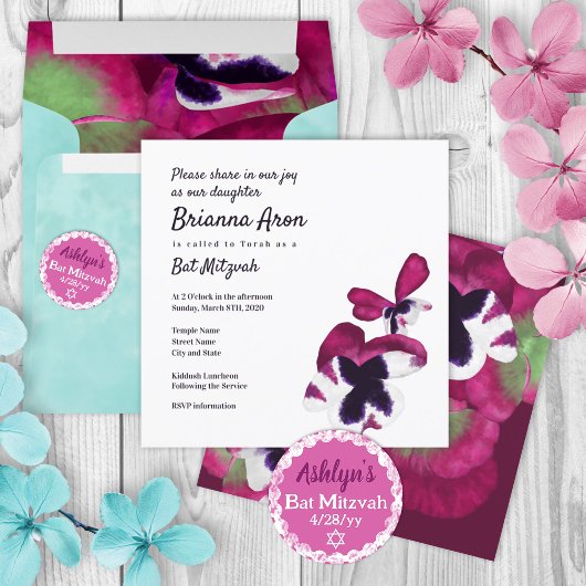 Invitation pour Bat Mitzvah aux pensées violet pou
