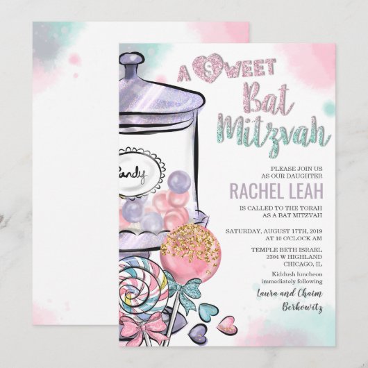 Invitation pour Bat Mitzvah Candyland (Devant / Derrière)