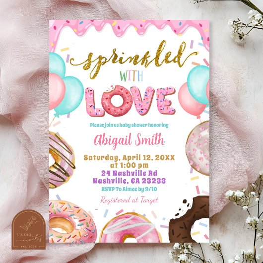 Invitation pour bébé avec donuts pastel rose et sp