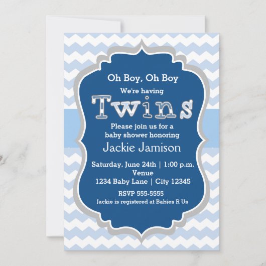 Invitation pour bébé garçon jumeaux bleu chevron (Devant)