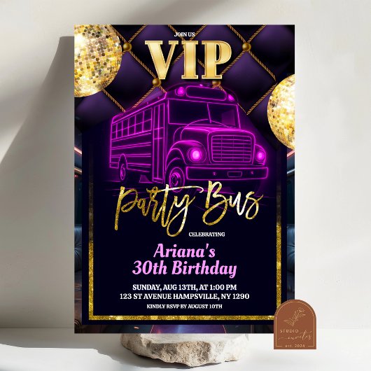 Invitation pour bus de fête VIP rose violet
