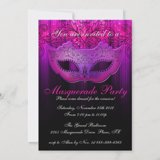 Invitation pour célébration de fête masquée rose e (Devant)