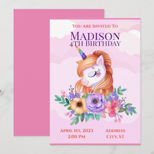 Invitation pour enfants Licorne  (Devant / Derrière)