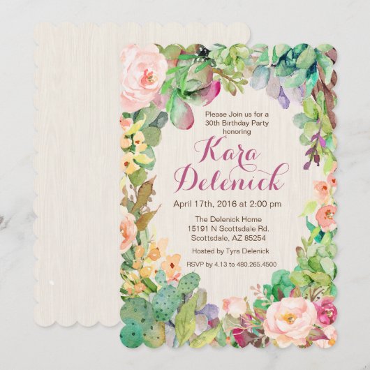 Invitation pour fête d'anniversaire de Cactus Flor (Devant / Derrière)