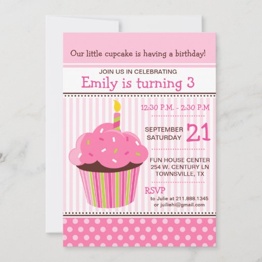 Invitation pour fête d'anniversaire rose Cupcake (Devant)
