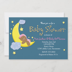 Invitation pour Fête de Bébé Fille Ourson Lune Éto