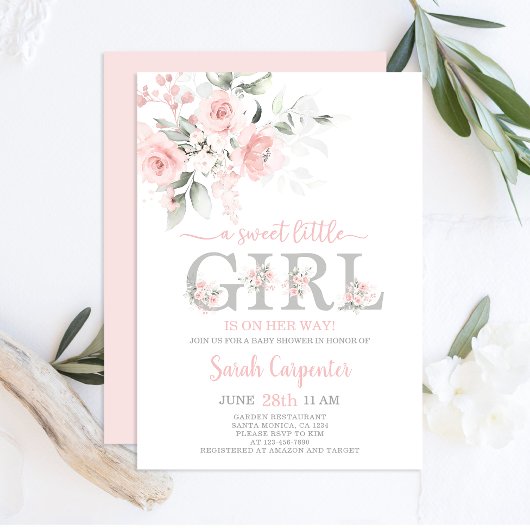 Invitation pour fille de Baby Shower Fleurie Rose 