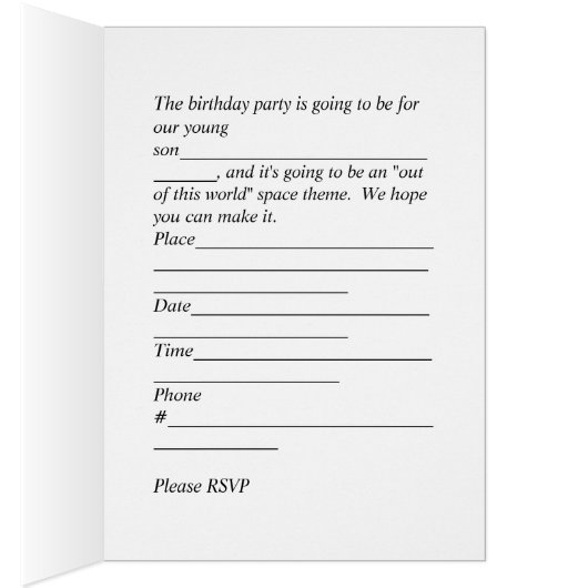 Invitation pour Fils Anniversaire, Thème Espace (Intérieur (Droit))