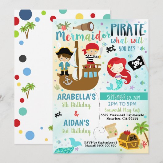 Invitation pour frère et soeur pirate sirène garço (Devant / Derrière)