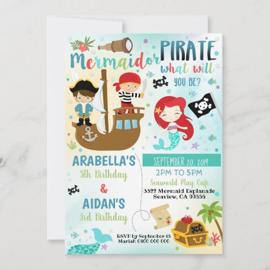 Invitation pour frère et sœur pirate sirène garçon (Devant)