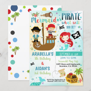 Invitation pour frère et sœur Pirate Sirène Garçon
