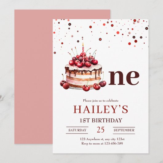 Invitation pour gâteau d'anniversaire 1 an, Fille  (Devant / Derrière)
