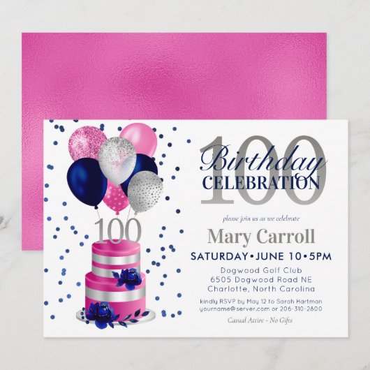 Invitation pour gâteau rose pour 100e anniversaire (Devant / Derrière)