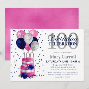 Invitation pour gâteau rose pour 100e anniversaire