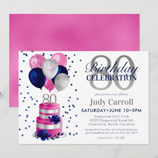 Invitation pour gâteau rose pour 80e anniversaire (Devant / Derrière)