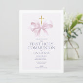 Invitation pour la 1ère communion, ruban rose mode (Debout devant)