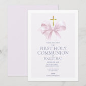 Invitation pour la 1ère communion, ruban rose mode (Devant / Derrière)