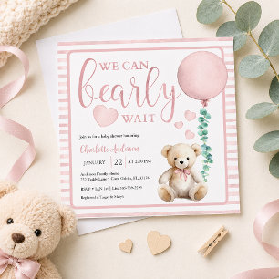 Invitation pour la Baby Shower Fille Ourson Rose