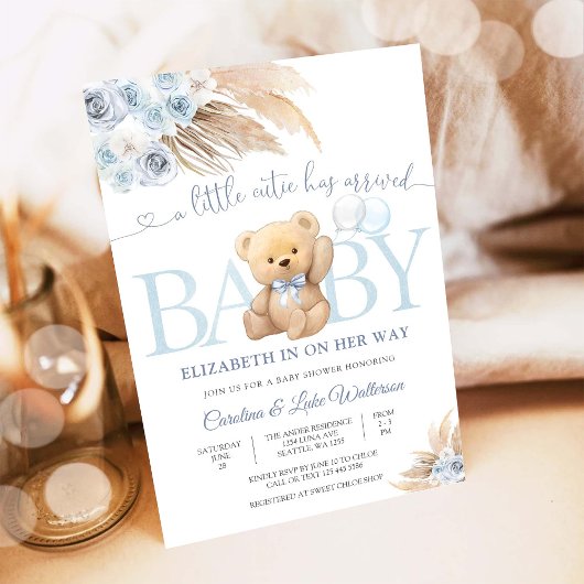 Invitation pour la Baby Shower Ourson Bleu en Pelu