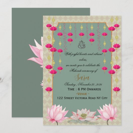Invitation pour la cérémonie de Mehendi de mariage (Devant / Derrière)